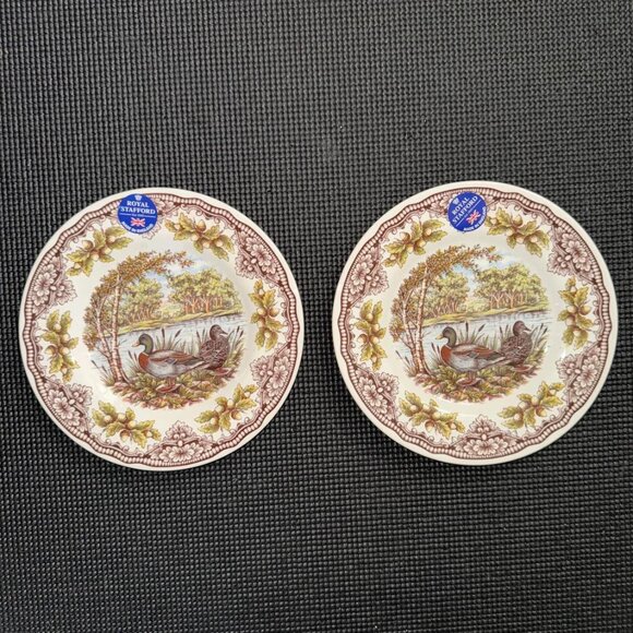 2 Royal Stafford Mallard Ducks Salad Plates Woodland Thanksgiving Acorn Rim - Picture 1 of 6